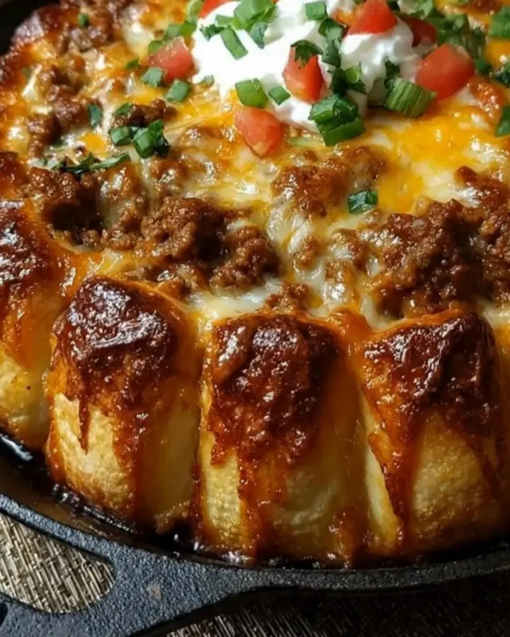 Une couronne de tacos dorée au four, garnie de bœuf haché, de fromage fondu, de tomates et de ciboule.