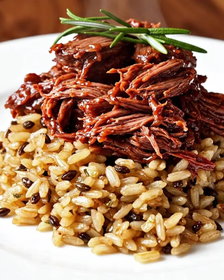 A ruby-red cranberry-orange braised beef roast served over wild rice with fresh rosemary garnishes.