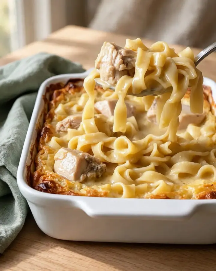 A top-down view of a rectangular baking dish filled with raw chicken, egg noodles, and creamy sauce before baking.