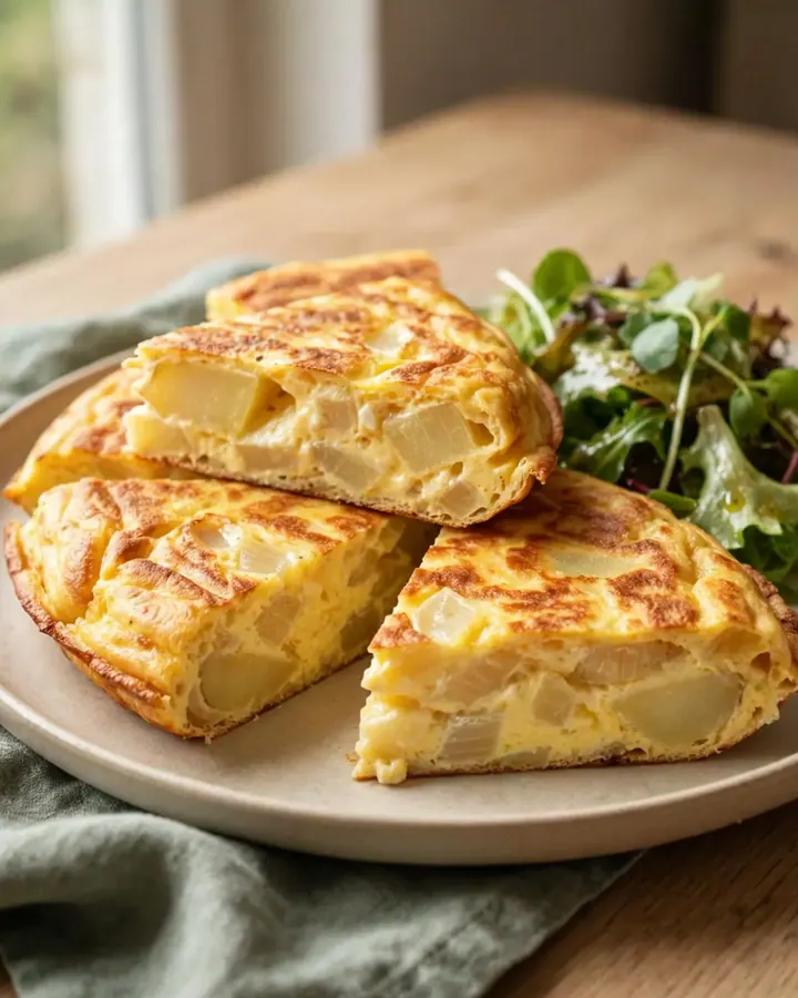 A thick, golden wedge of Spanish tortilla showing a creamy, custardy interior with tender potato slices.