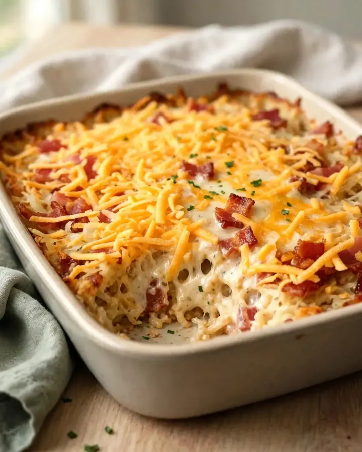 A top-down view of a creamy bacon ranch hash brown casserole in a white baking dish ready for the oven.