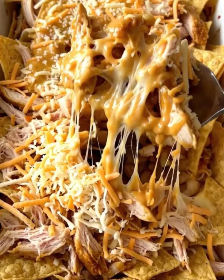 A top-down view of a rectangular baker filled with layers of tortilla chips, shredded chicken, buffalo sauce, and cheese.