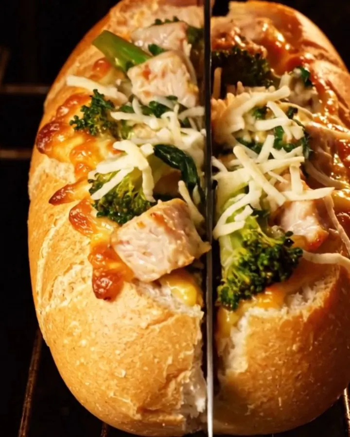 A golden-brown stuffed baguette filled with creamy chicken Alfredo and broccoli rabe.