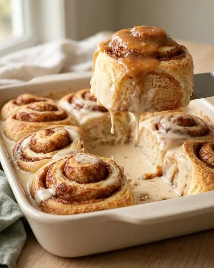 A top-down view of twelve raw cinnamon roll dough rounds arranged in a white rectangular ceramic baking dish.
