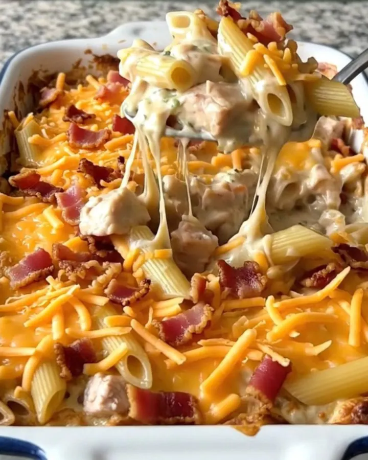 A top-down view of a rectangular baking dish filled with raw penne, chicken pieces, ranch sauce, shredded cheddar, and bacon.