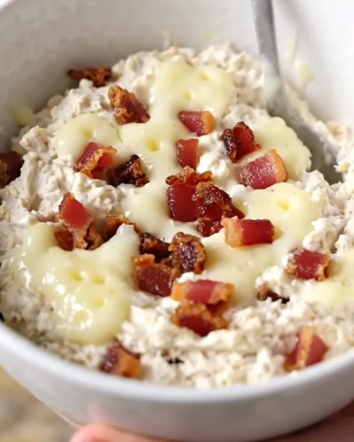 A creamy chicken bacon Swiss dip in a black slow cooker with a spoon ready to serve.