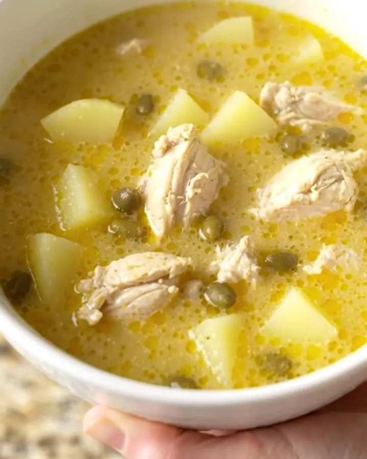 A bowl of creamy chicken piccata soup topped with fresh parsley and capers on a beige kitchen counter.