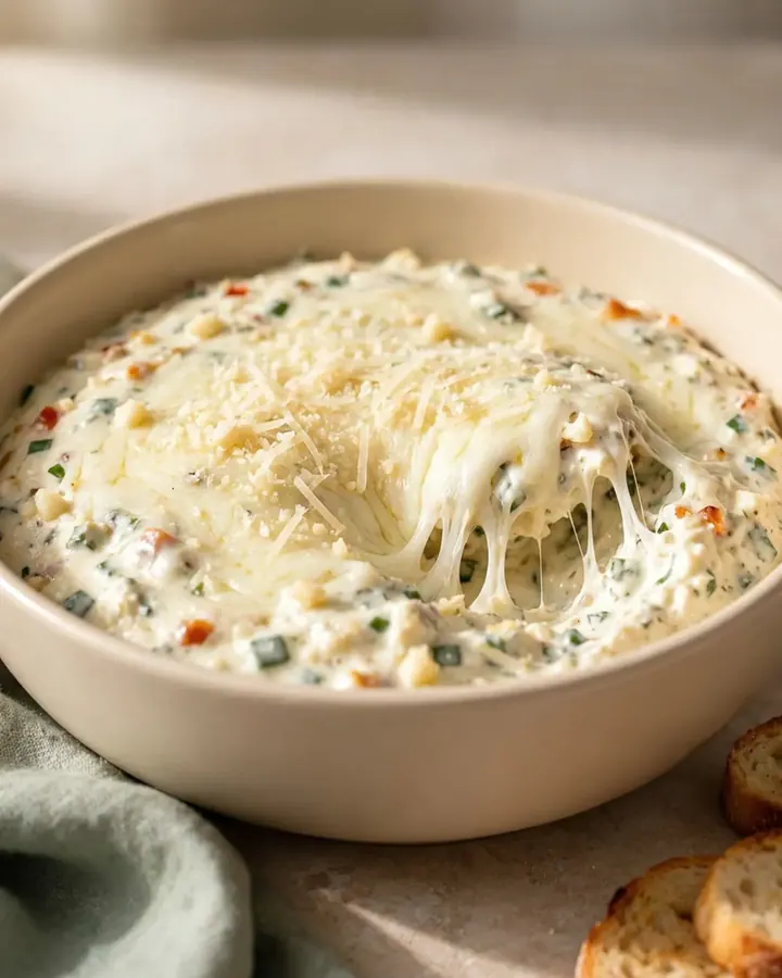A white slow cooker filled with a creamy, melted garlic white pizza dip, garnished with herbs.