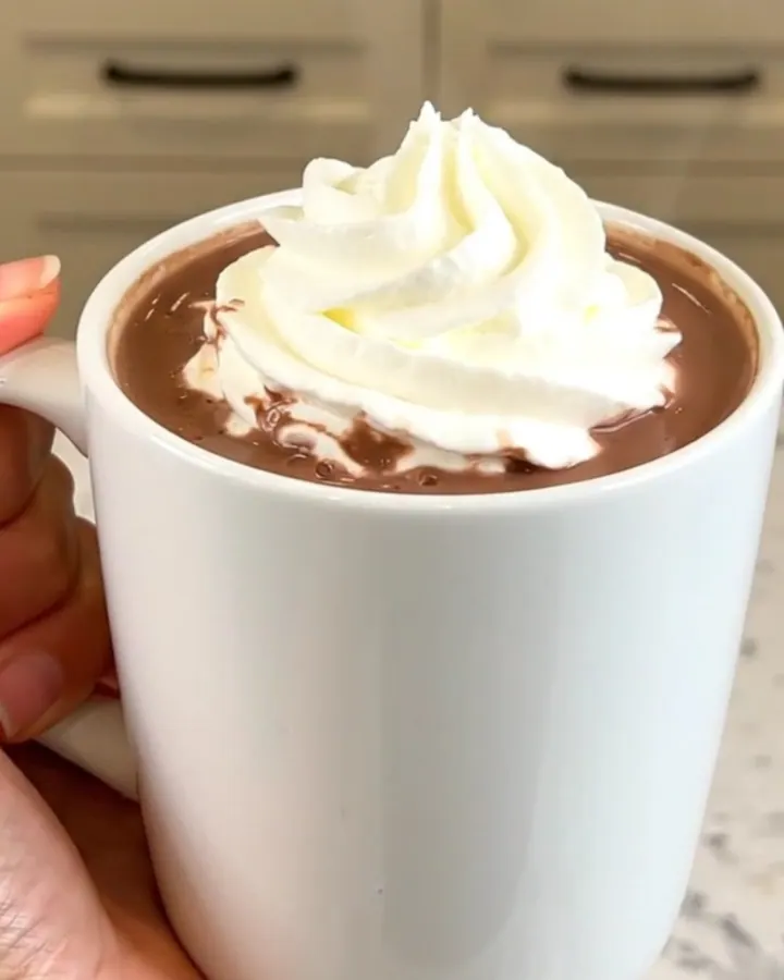 A steaming white ceramic mug filled with rich hazelnut hot chocolate topped with whipped cream.