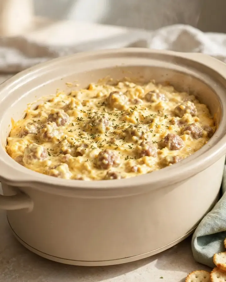 A creamy, steaming sausage dip in a white ceramic slow cooker, garnished with herbs.