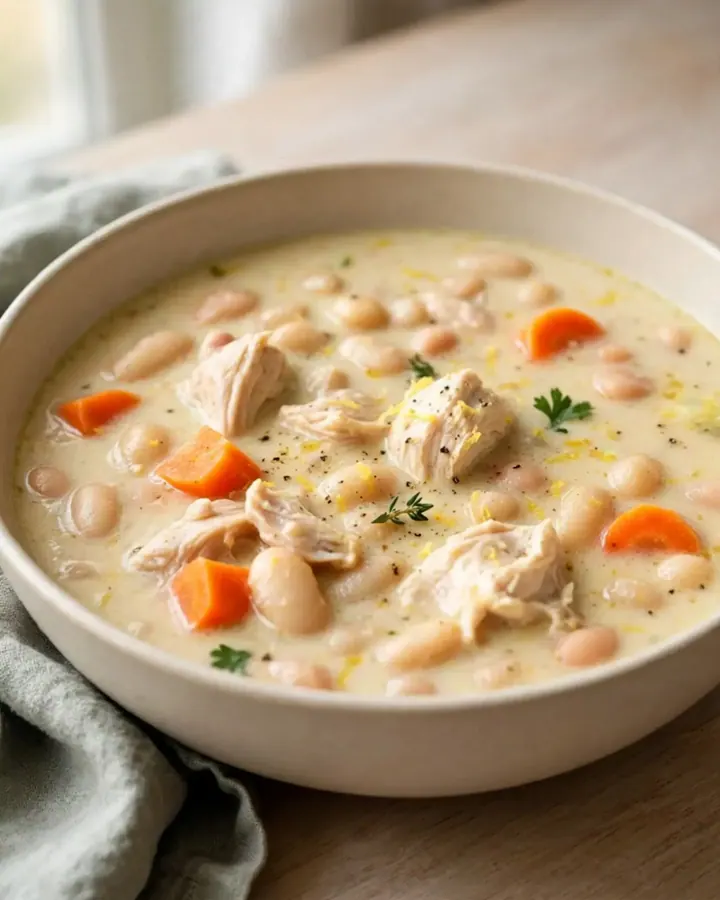 A bowl of creamy lemon pepper chicken and white bean soup with visible carrots.