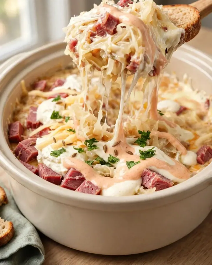 A close-up of a bubbling, creamy Reuben dip in a dark stoneware crockpot with a piece of toasted marbled rye bread.