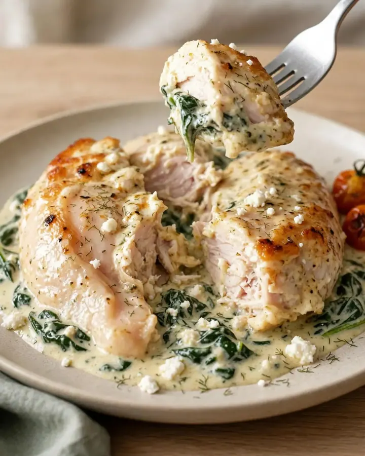 A close-up of creamy crockpot spanakopita chicken on a white plate with spinach and feta sauce.