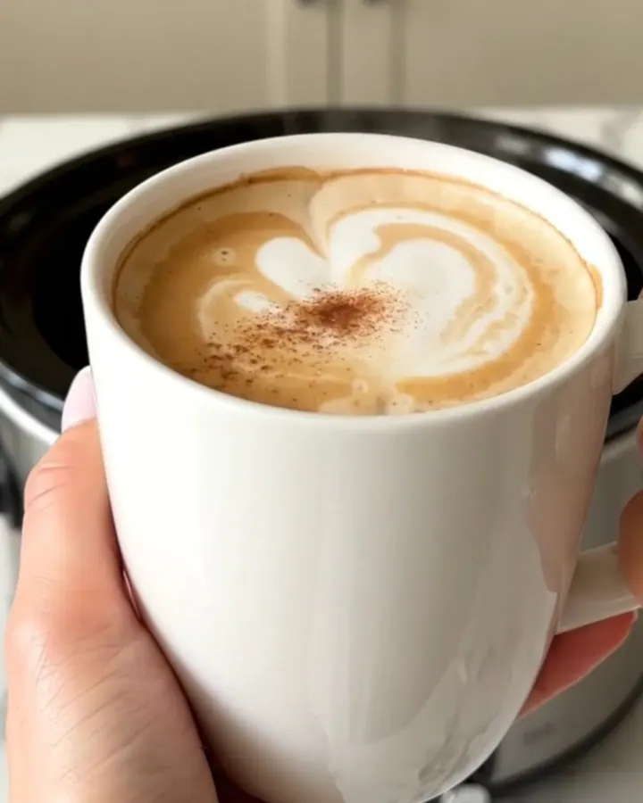 A top-down view of a black slow cooker filled with chai tea latte ingredients on a white quartz countertop.