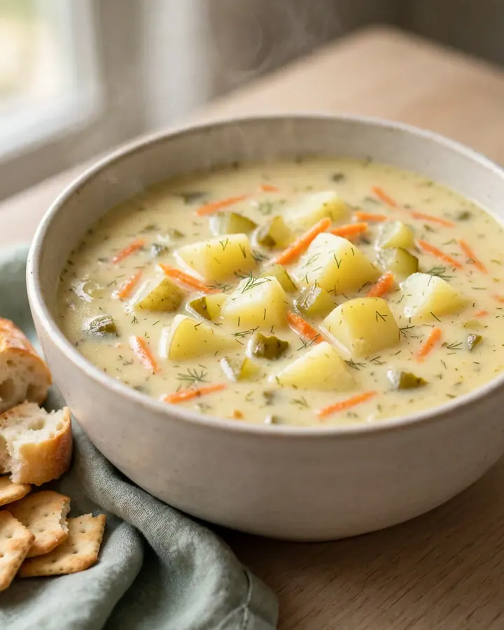 A bowl of creamy dill pickle potato soup with visible chunks of potato, pickle, and carrot garnish.