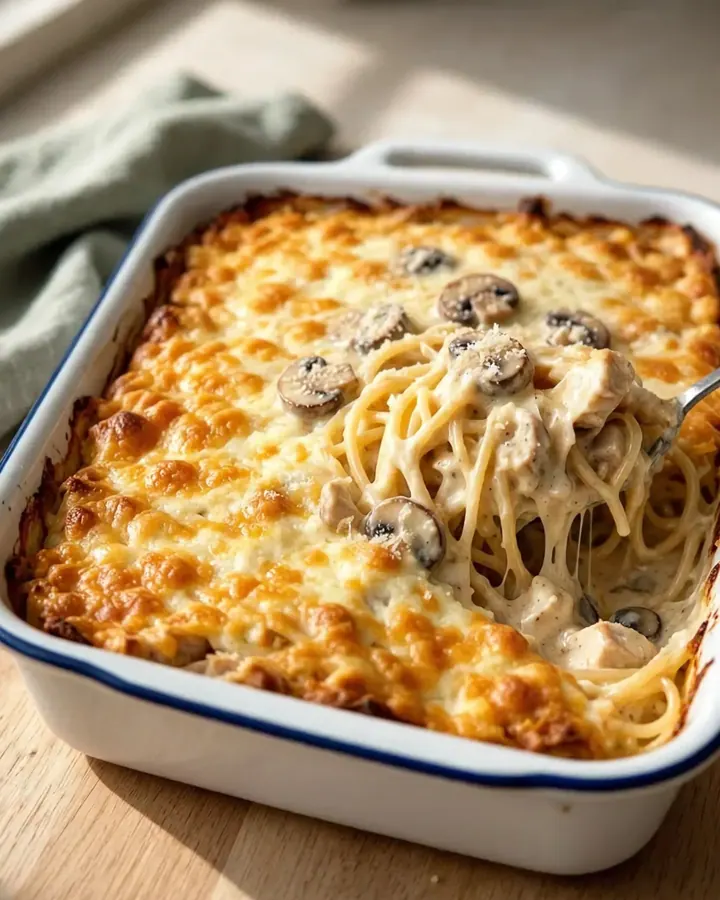 A top-down view of a creamy chicken tetrazzini in a large white baking dish with melted cheese on top.