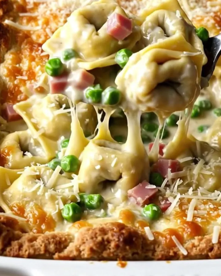 A top-down view of a creamy tortellini bake in a white ceramic dish, ready for the oven.