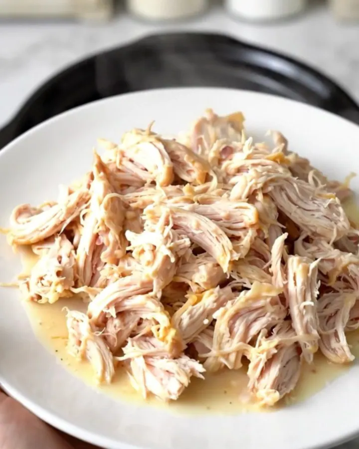 Creamy garlic white cheddar chicken served on a white plate with a steaming sauce.