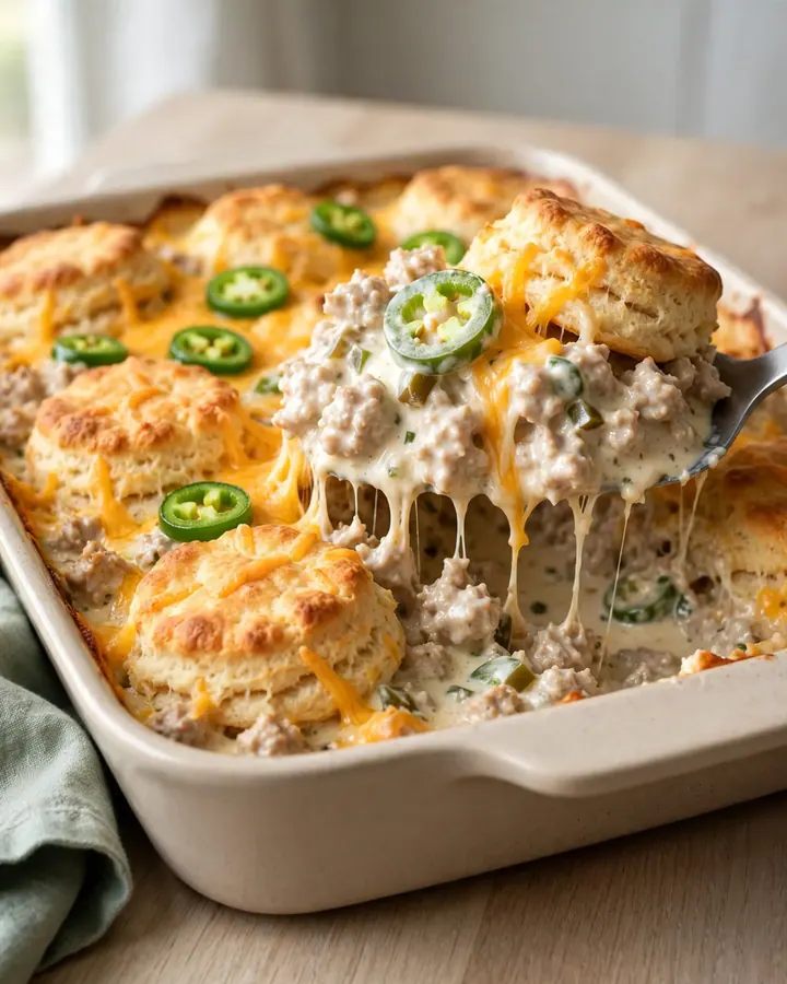 A top-down view of a creamy jalapeno popper turkey bake in a rectangular ceramic dish