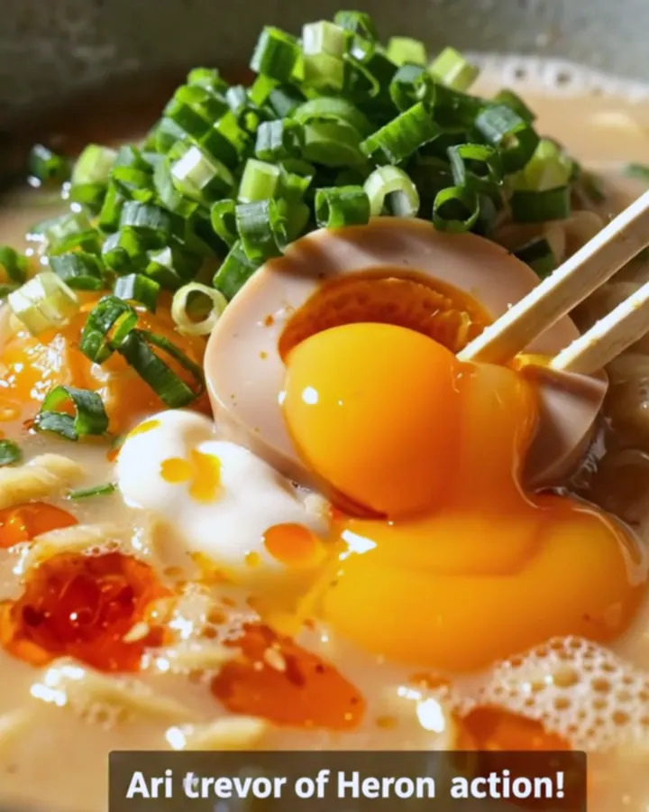 A steaming, creamy bowl of ramen topped with a perfectly jammy orange-yolk egg, fresh scallions