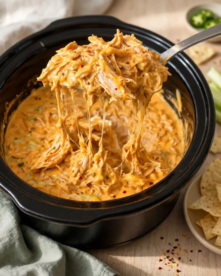 A close-up of a creamy, orange-red Nashville hot chicken dip in a black slow cooker insert.