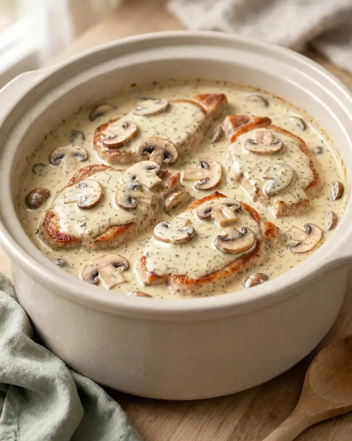A close-up of tender boneless pork chops smothered in a creamy mushroom and ranch sauce, served on a white plate.