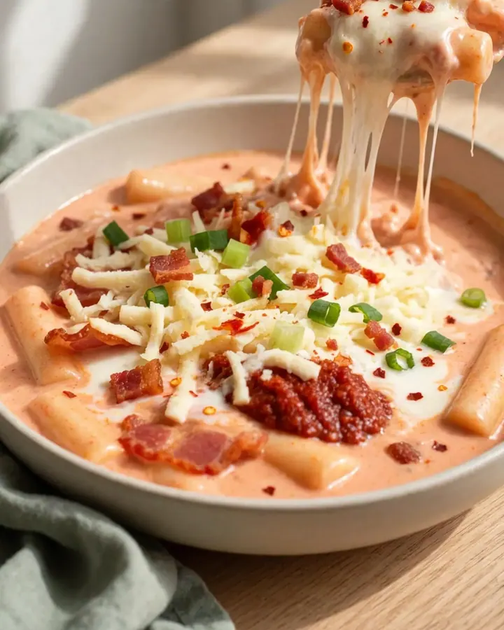 Close up of creamy rose tteokbokki with melted mozzarella and bacon in a skillet.