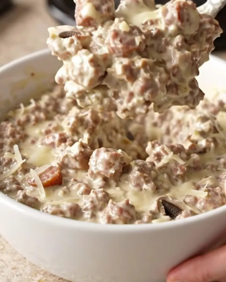 Creamy sausage stuffed mushroom dip in a slow cooker with crackers on the side.