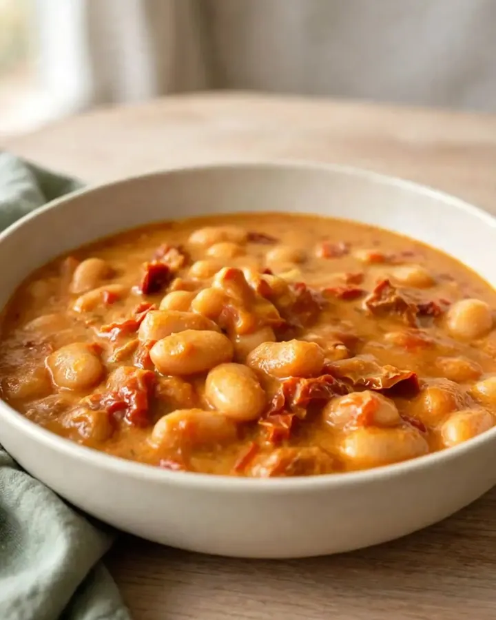 A shallow white bowl filled with creamy butter beans and sun-dried tomatoes in a rich sauce.