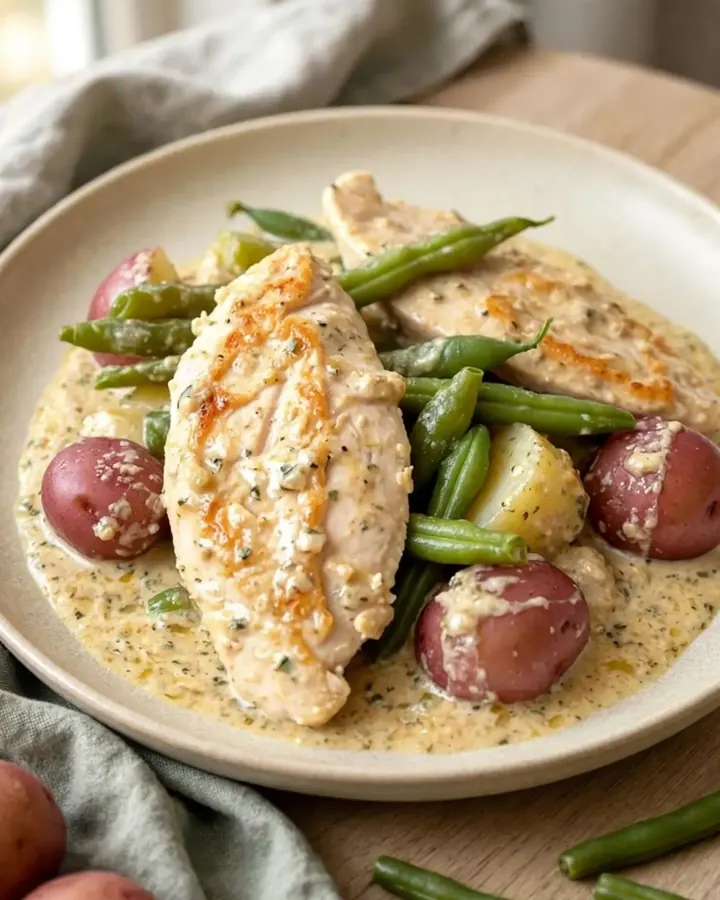 Creamy slow cooker Italian chicken served with green beans and potatoes on a white plate.