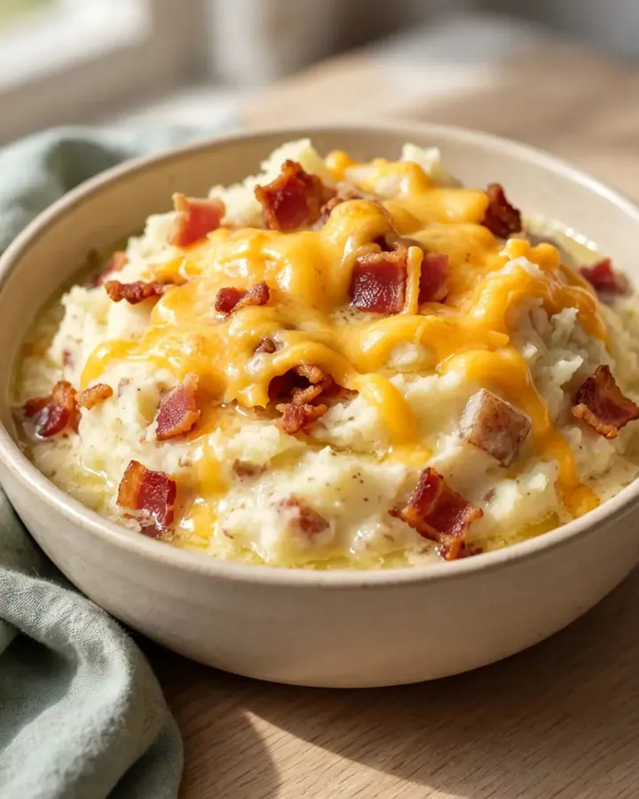 A top-down view of a slow cooker filled with creamy mashed potatoes, bacon, and melted cheddar cheese.