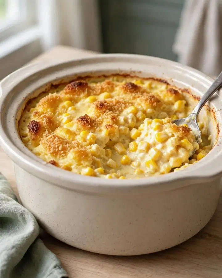 A top-down view of a slow cooker filled with creamy scalloped corn, topped with golden, crispy cracker crumbs.