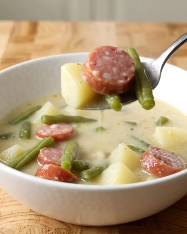 A steaming bowl of creamy smoked sausage, green bean, and potato soup on a rustic kitchen counter.