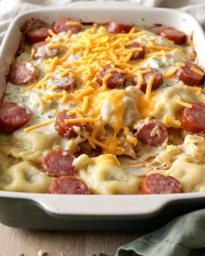 A top-down view of a ceramic baking dish filled with potato pierogi, kielbasa coins