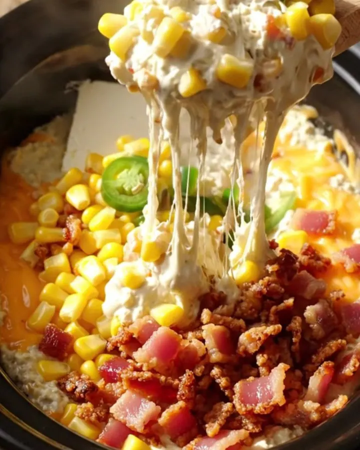 A close-up of a scoop of creamy jalapeño corn dip being lifted from a black slow cooker with a tortilla chip.