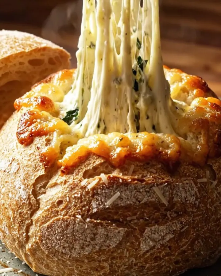 A golden, toasted sourdough bread bowl filled with bubbling, creamy spinach and artichoke dip.
