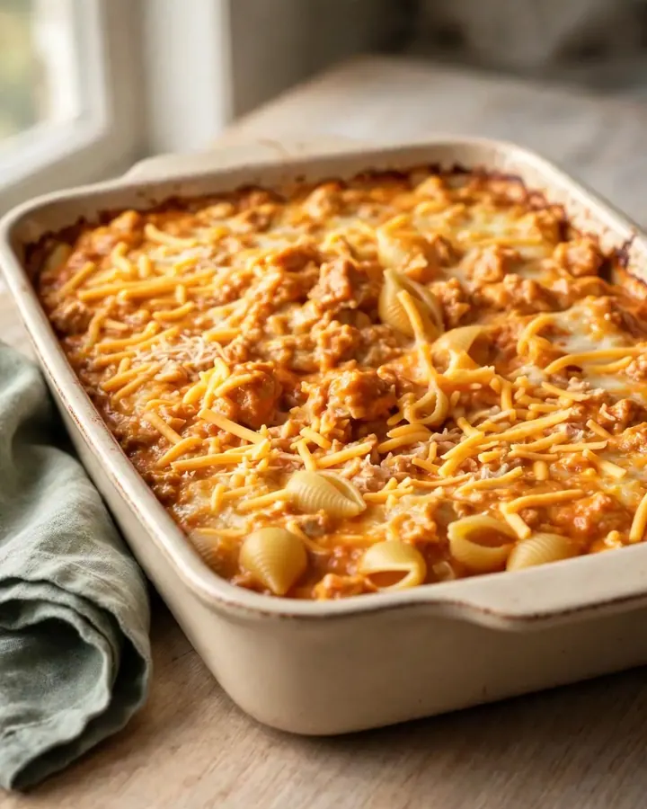 A creamy tomato turkey and shells bake served in a rectangular ceramic dish, golden and bubbling.
