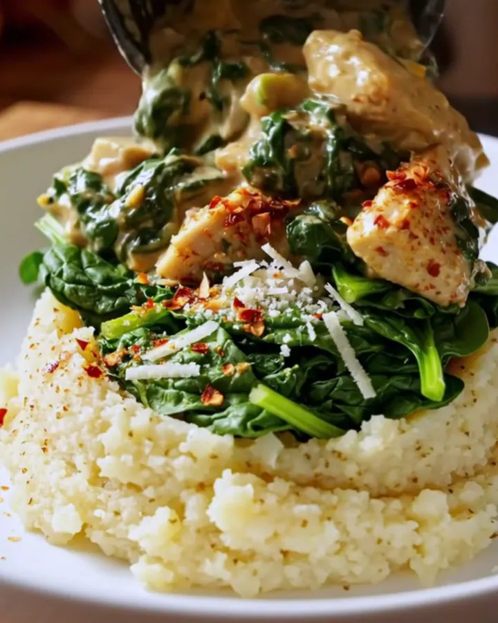 A beige slow cooker filled with shredded chicken in a creamy sauce with spinach and artichokes.