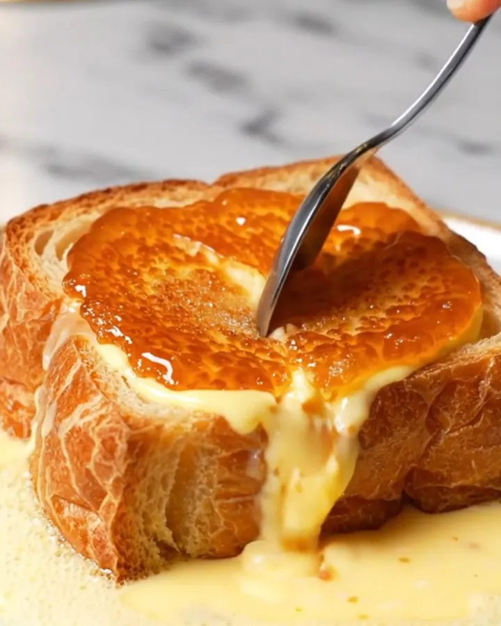 A close-up of a thick slice of golden-brown French toast topped with a perfectly caramelized, amber-colored sugar crust.