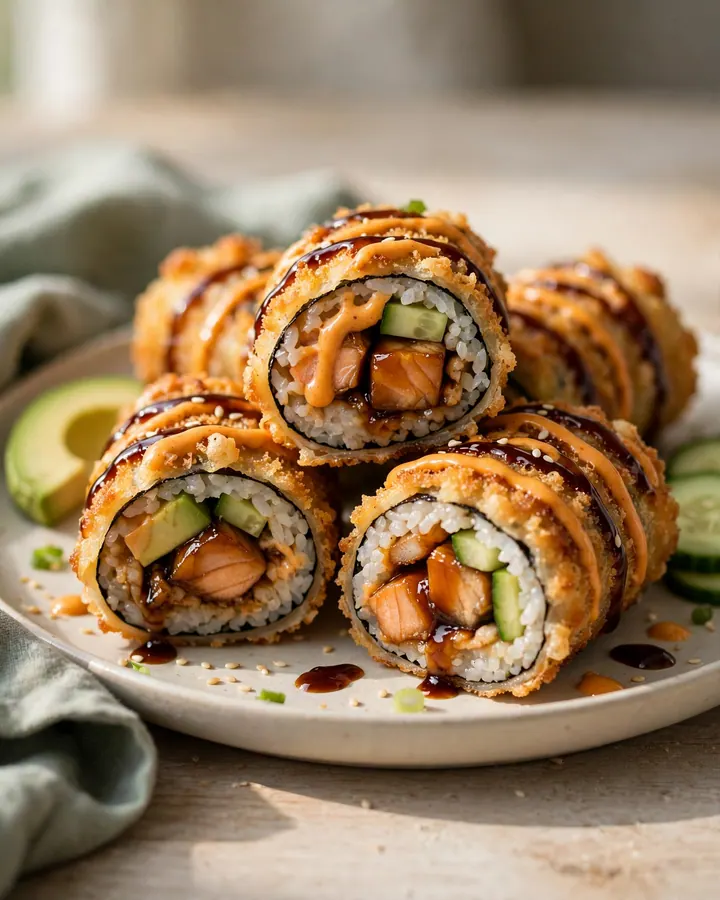 A crispy folded sushi wrap drizzled with spicy mayo and eel sauce, showing flaky salmon and avocado.