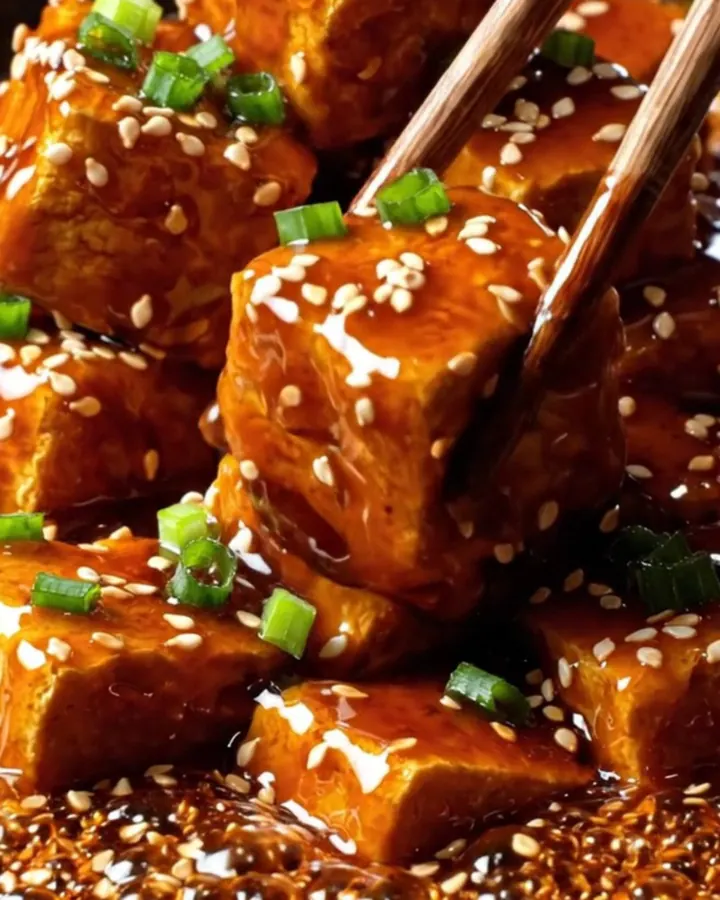 A close-up shot of golden, crispy air-fried tofu chunks coated in a glossy, dark General Tso's glaze