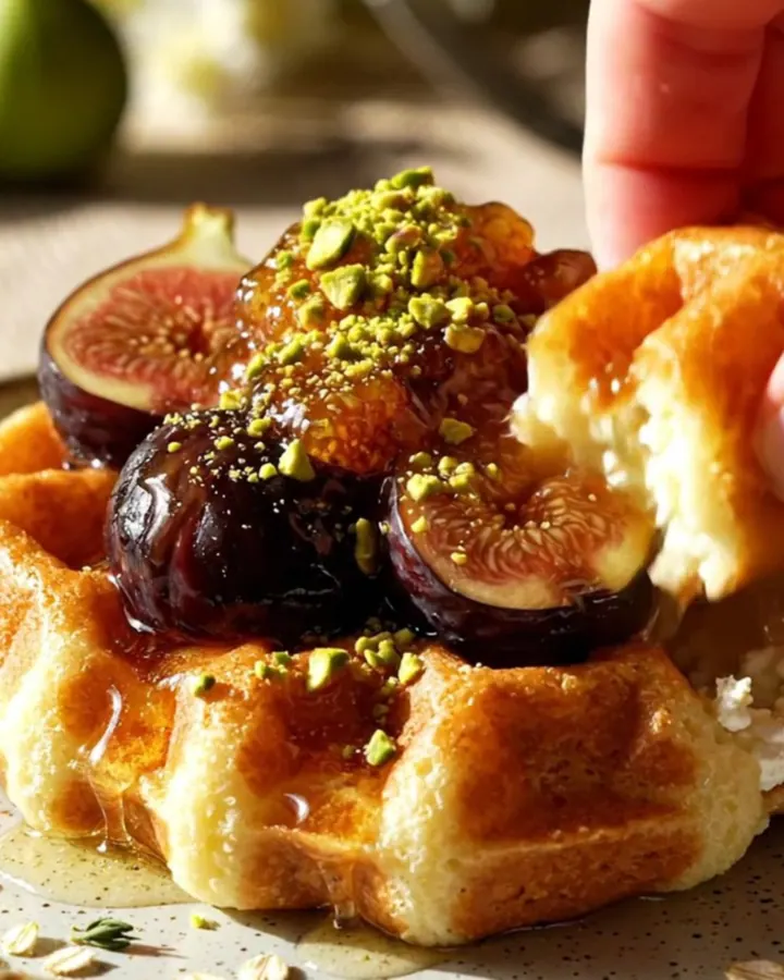 Close up of golden almond ricotta waffles topped with jammy black mission figs and honey.