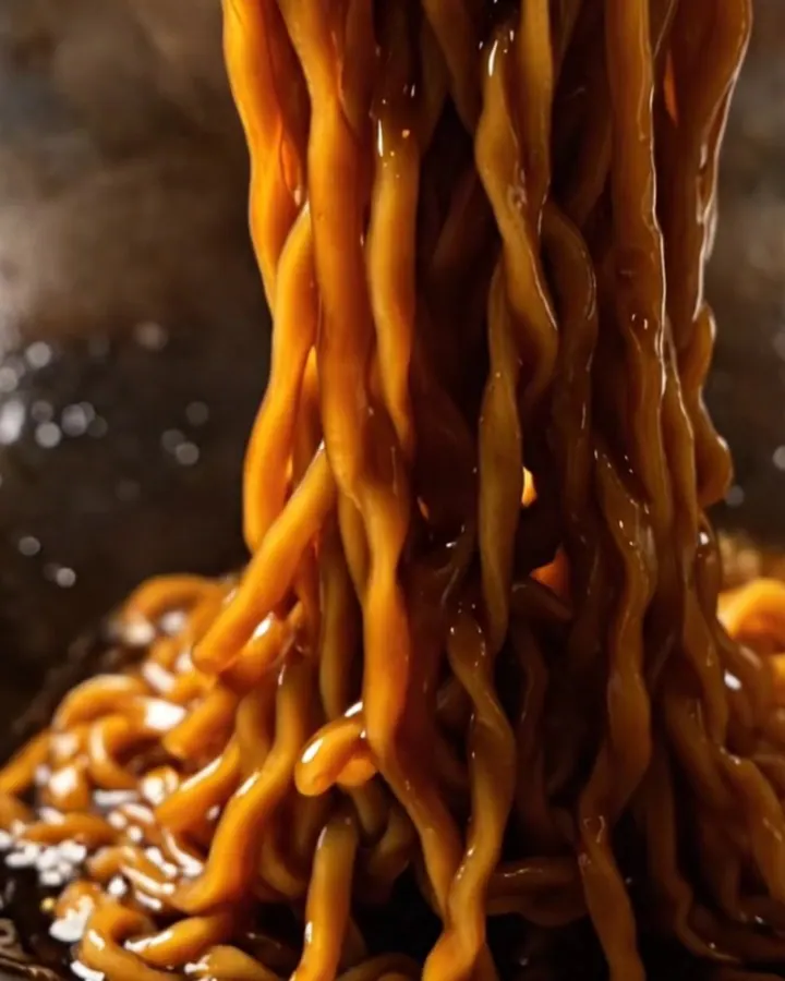 A close-up of glossy dark wheat noodles topped with crispy golden fried scallions.