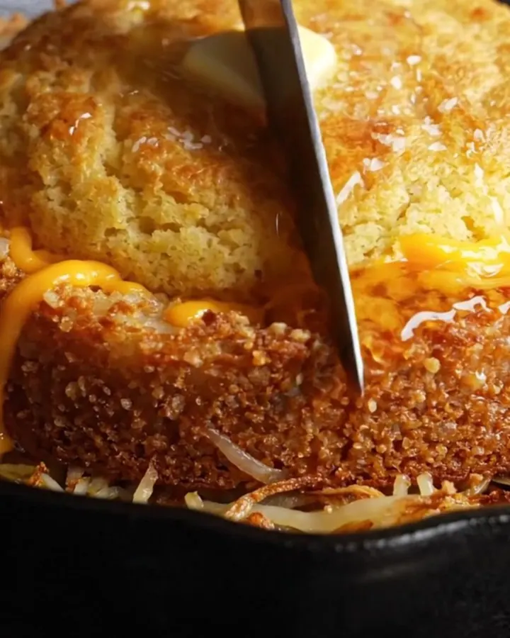 A golden-crusted skillet cornbread sliced into wedges, showing the crispy hashbrown potato bottom and cheesy center.
