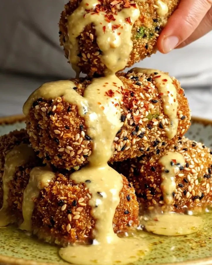 A close-up shot of golden-brown cauliflower croquettes with a sesame seed crust served with lemon tahini.
