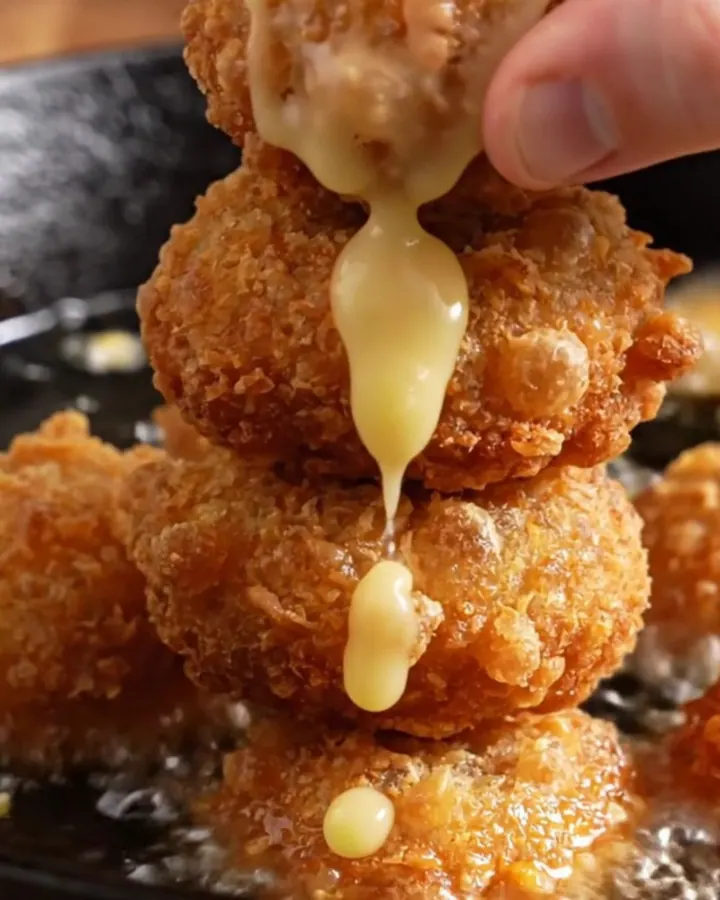 A golden-brown hushpuppy broken open, showing steam, sweet corn kernels, and melted sharp cheddar inside.