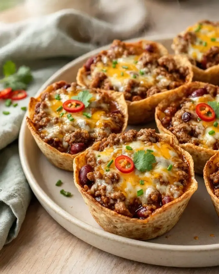 A close-up of a crispy tortilla cup filled with seasoned beef chili and melted cheddar cheese on a white plate.