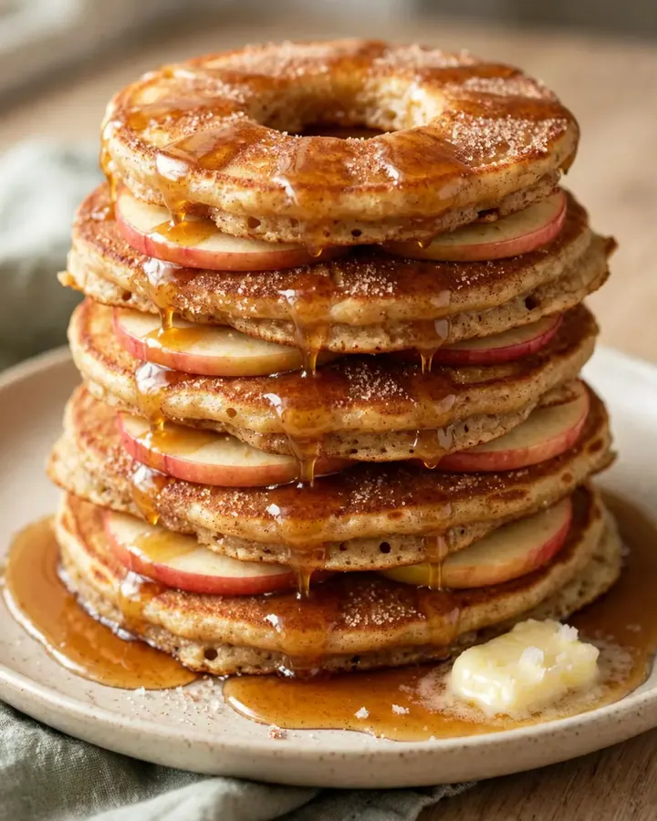 A stack of golden-brown apple cider pancake rings topped with caramel and walnuts.