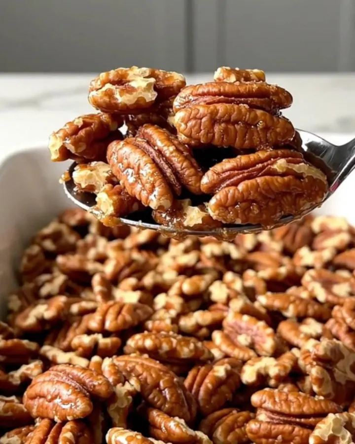 A large ceramic dish filled with golden toasted cinnamon sugar candied pecans on a white countertop.