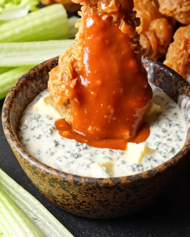 A close-up of crispy double-fried chicken wings coated in vibrant orange buffalo sauce with blue cheese crumbles.